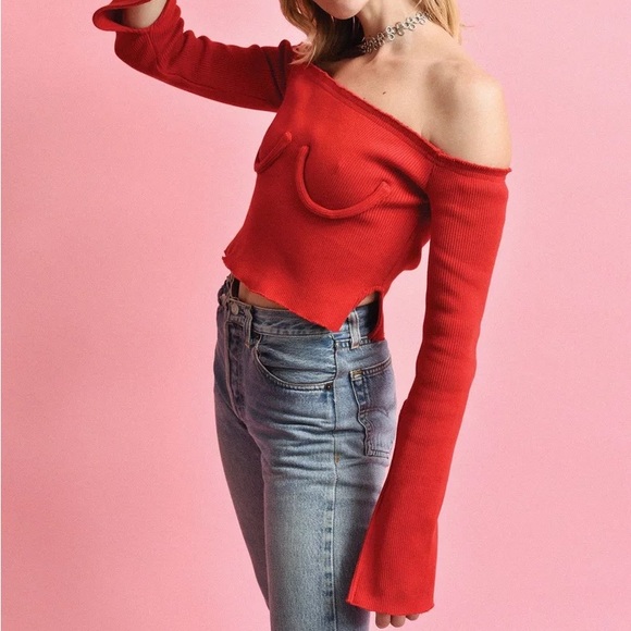 Orseund Iris Red Off shoulder Underwire Knit Top - Picture 4 of 14